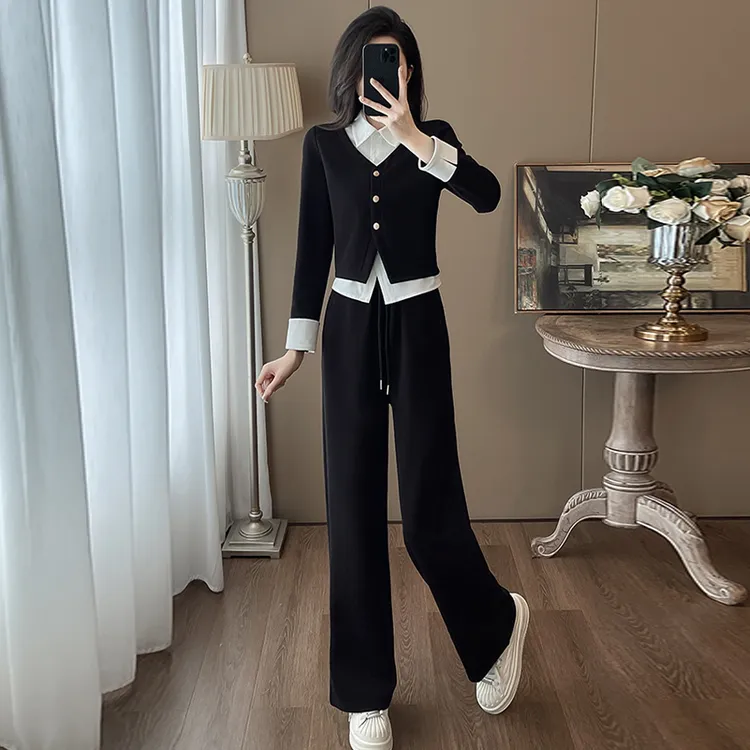 高含棉韩系休闲运动套装女2026年春秋新款假两件上衣阔腿裤两件套