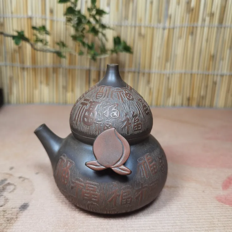 广西钦州坭兴陶原矿陶土全手工制作陶瓷手工茶壶手工雕刻茶壶福气