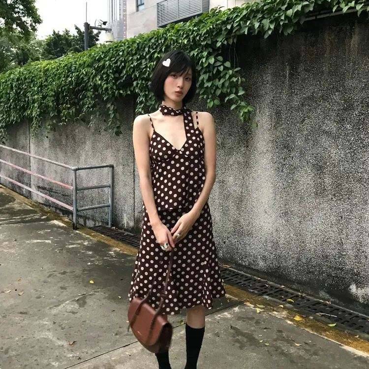 QYao Girls波点半身裙鱼尾裙夏美拉德穿搭背心无袖上衣两件套装