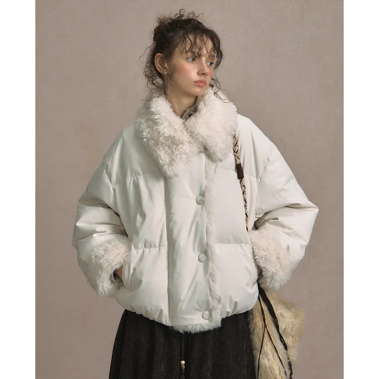 番茄妹妹Tomatosister 白色短款棉服女冬季保暖小个子毛领外套