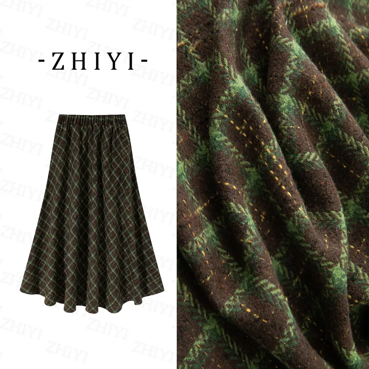 【二个裙长+口袋】2025秋冬季新款灵动时尚优雅绿色大摆格纹半身裙
