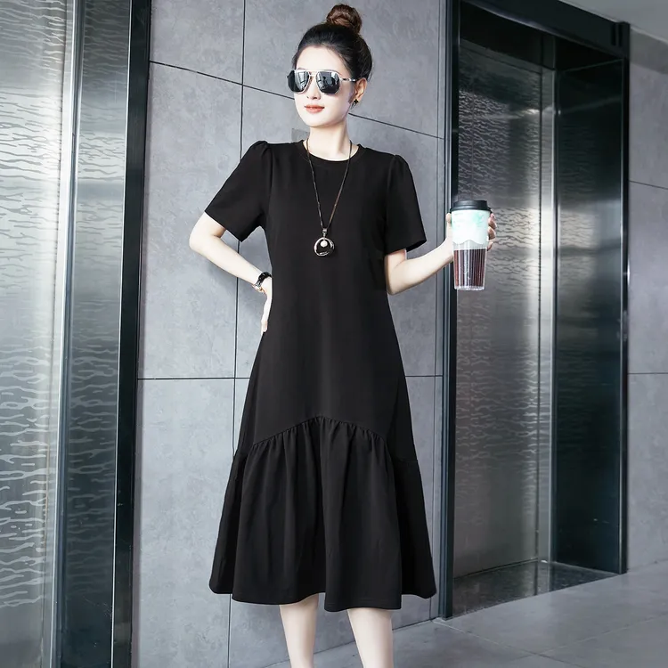 黑色连衣裙夏女2025新款泡泡袖宽松显瘦A字裙简单大方的休闲长裙
