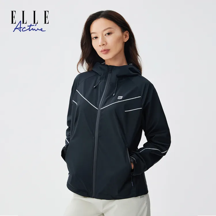 ELLE Active连帽宽松户外防风拉链风衣秋季新款休闲运动外套女士