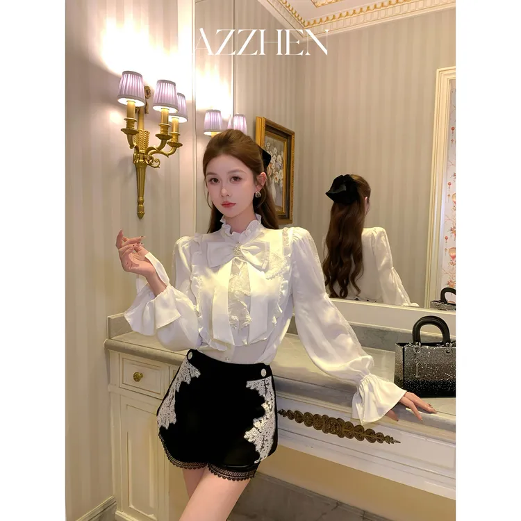 AZZHEN一周年10/18 -10/20【甜心蔓蕾】蕾丝荷叶领结衬衫AZ5GSC10