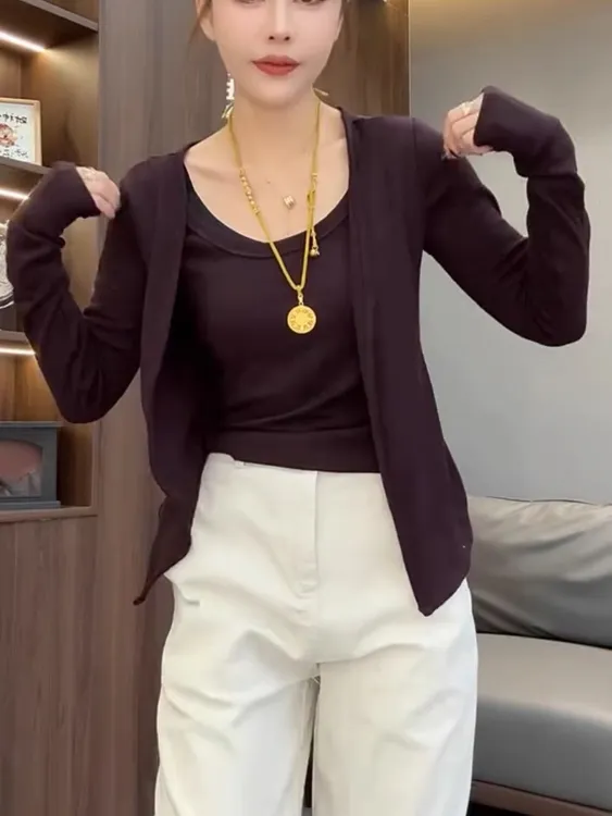 网红2025早秋假两件套设计感纯色长袖女宽松显瘦气质减龄打底上衣