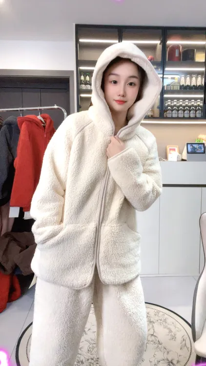 【大東家定制】新款情侣睡衣羊羔绒加厚连帽拉链外穿男女大码家居服