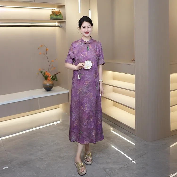 紫蝶新中式新款百搭不褪色短袖老料花萝提花连衣裙女中长款休闲