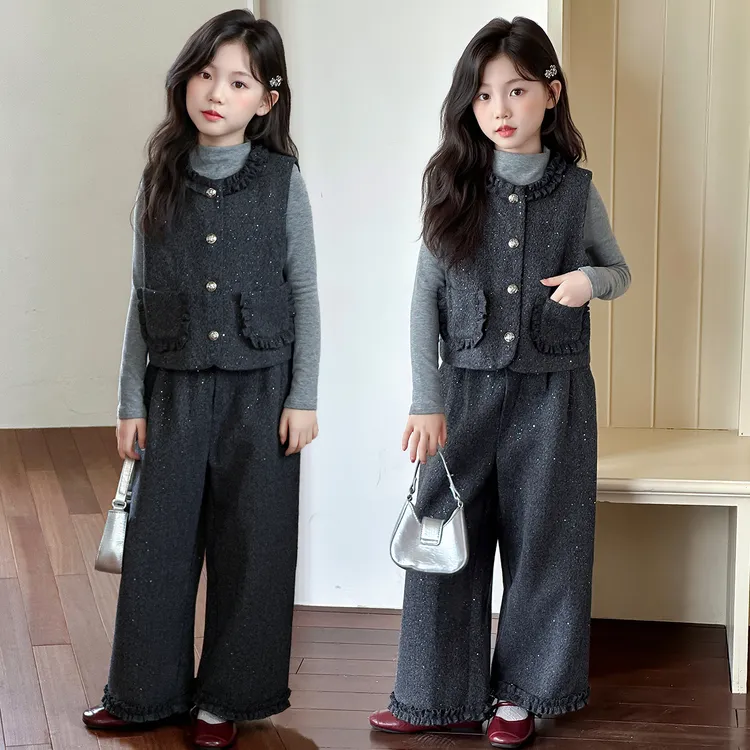 女童春秋款韩版休闲毛呢马甲套装中大童小女孩洋气阔腿裤儿童秋装
