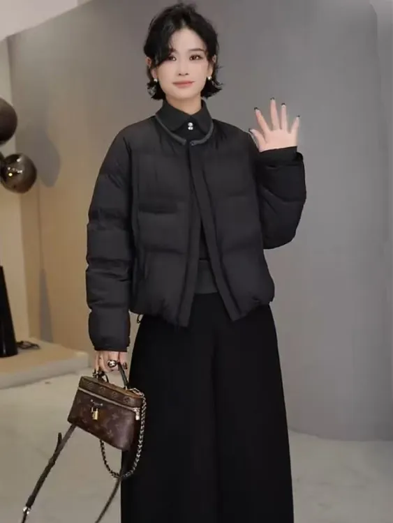 欧式高级感立领短款羽绒服女2025秋冬新款宽松面包服白鸭绒外套潮