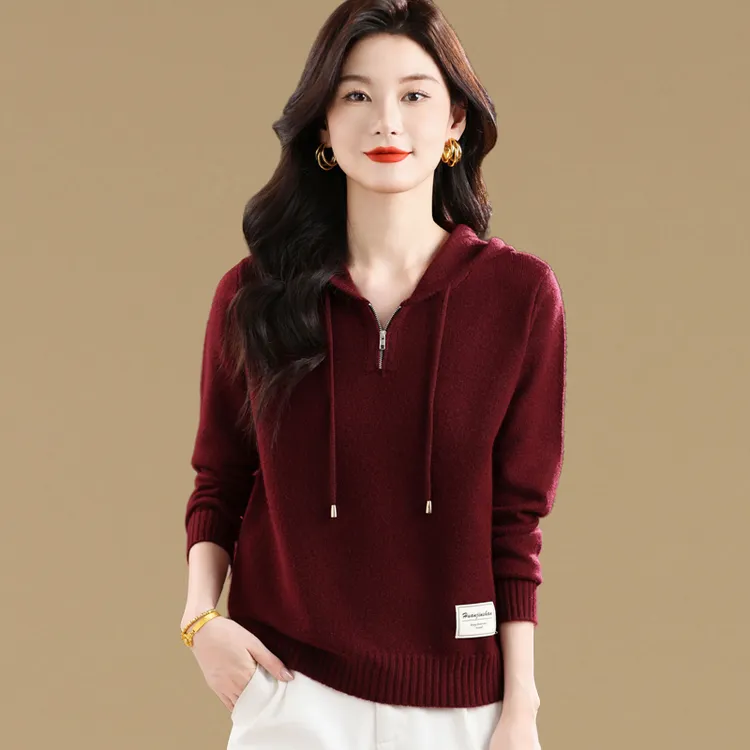 设计感连帽针织衫女套头带帽小个子休闲卫衣2025秋冬宽松毛衣外套