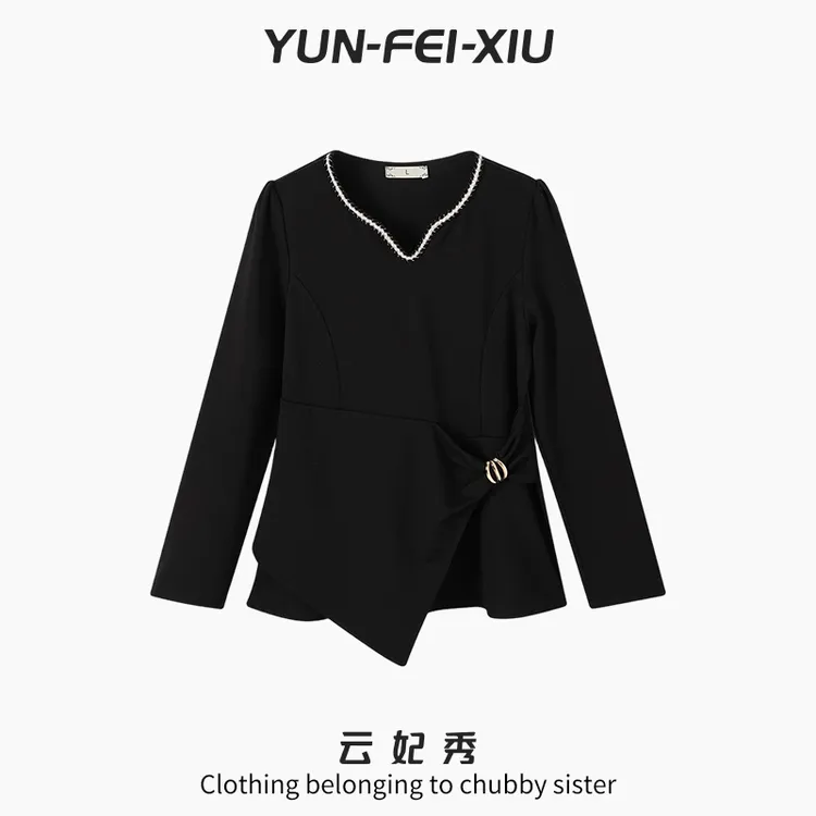 云妃秀大码女装T恤简约V领长袖不对称宽松显瘦遮肉胖妹妹秋68712