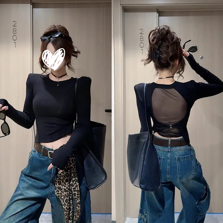辣妹后露背网纱长袖T恤女2025早秋新款韩版设计感修身显瘦打底衫
