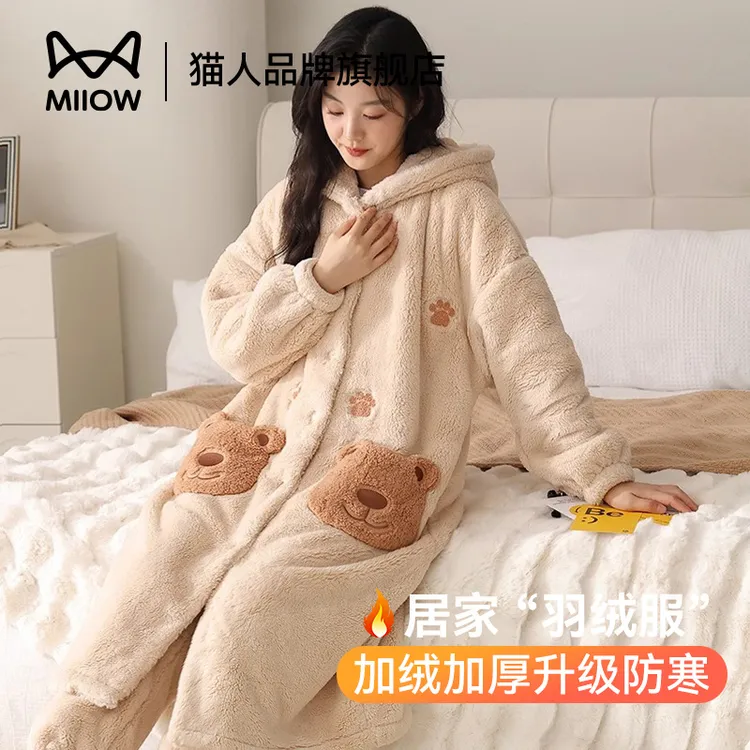 猫人珊瑚绒睡袍女加绒加厚长款睡衣可爱卡通冬天可外穿家居服新款