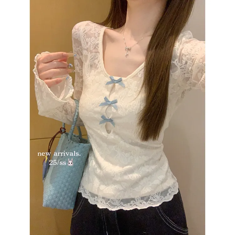 秋冬季韩系氛围感纯欲两件套蕾丝打底衫女设计感修身长袖T恤上衣
