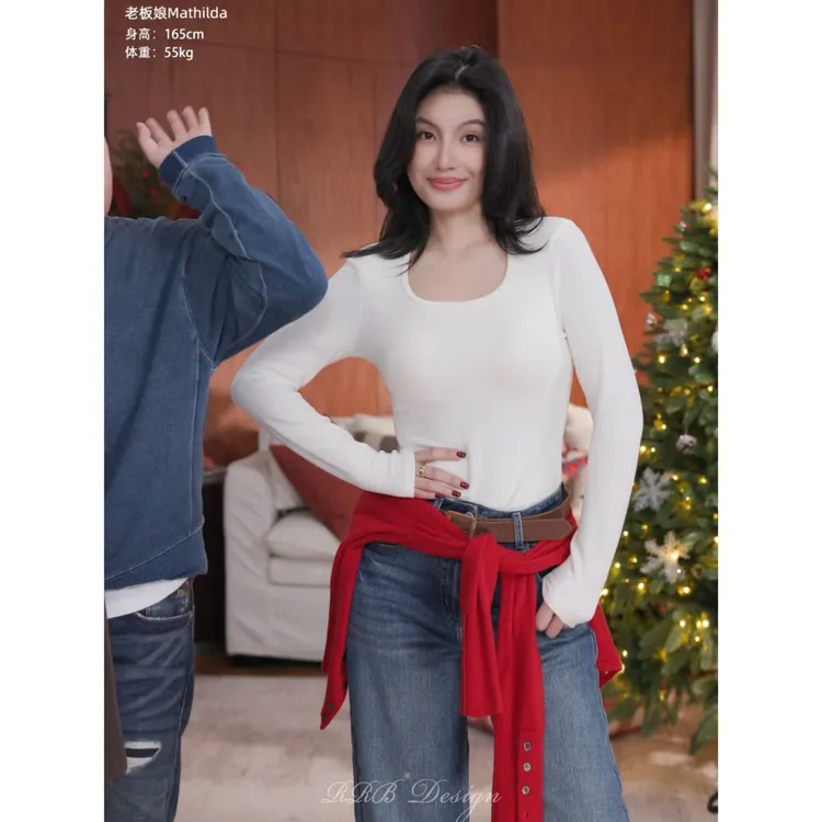 RRB Design 山羊绒混纺方领秋冬通勤修身自带胸垫长袖上衣T恤