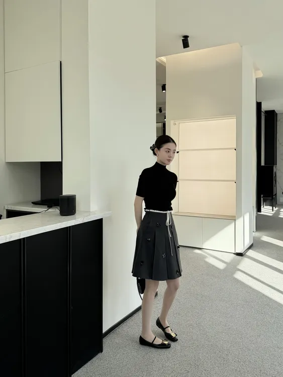 法式黑色半高领正肩短袖修身高级感中袖上衣百搭百褶半身裙套装