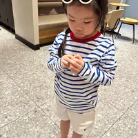 儿童经典蓝白条纹小标纯棉长袖T恤