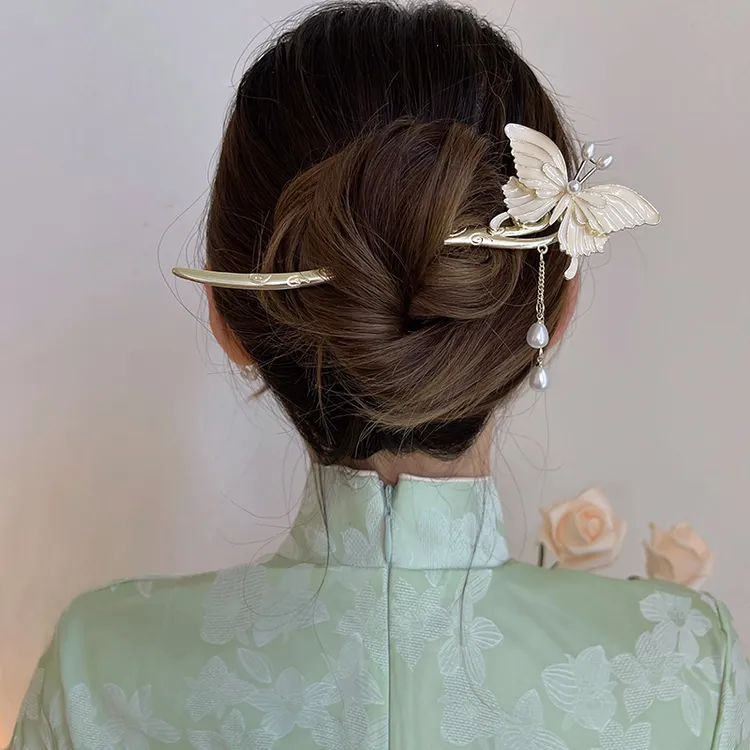 复古新款珠饰发簪简约烫花永生饰品女性时尚蝴蝶国风