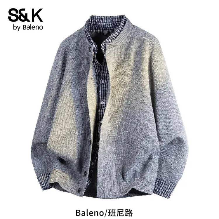 班尼路S&K2025年秋季新款毛呢款百搭宽松假两件针织开衫毛衣外套