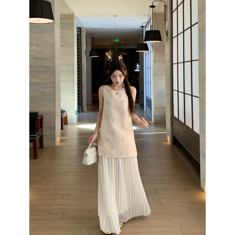 夏季小香风穿搭蝴蝶结背心连衣裙搭配百褶裙女