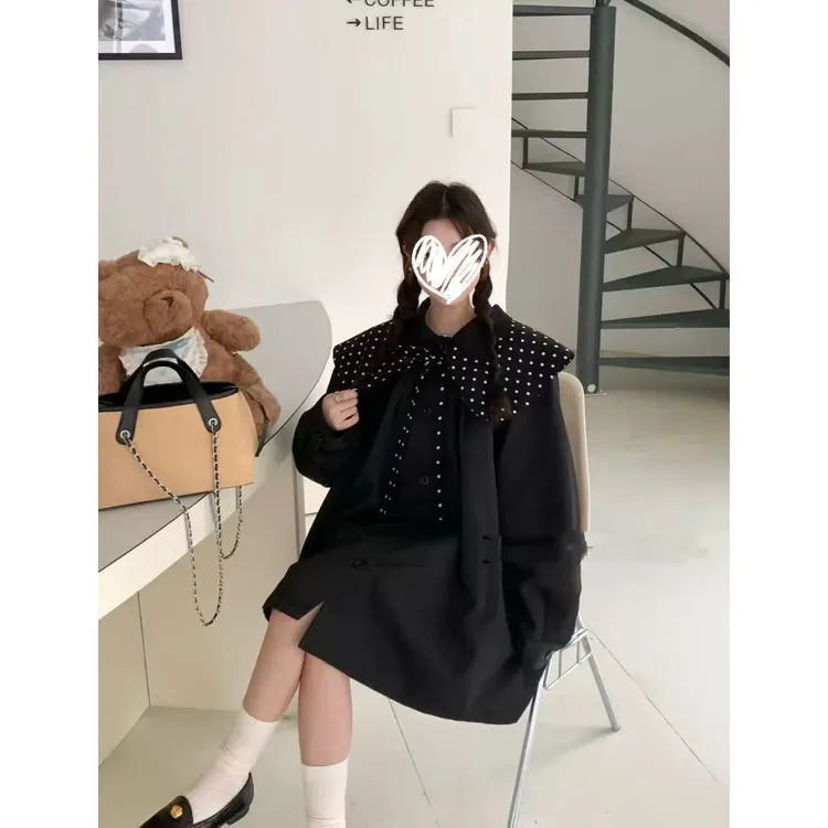 秋冬长袖厚款宽松型中长款学院风风衣连帽秋冬百搭呢子加棉