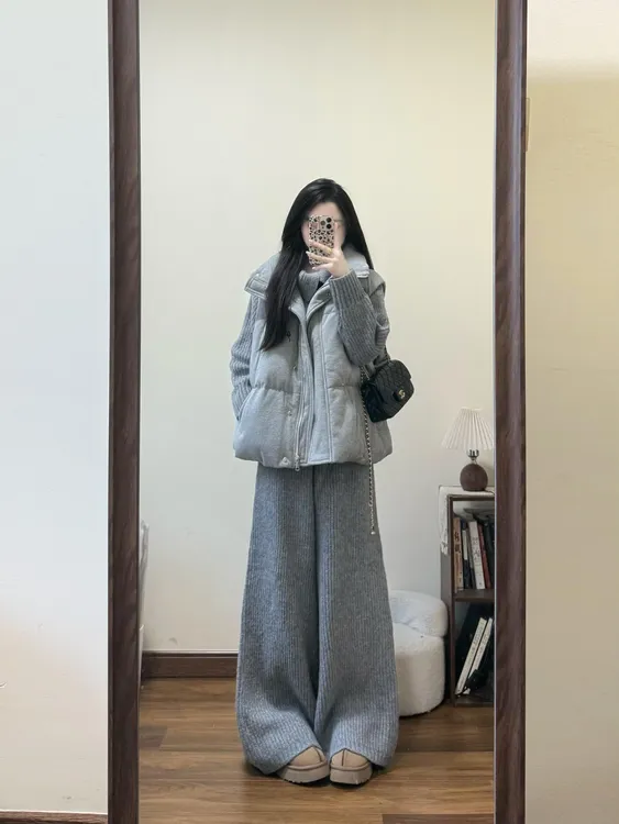 2025秋冬季流行时尚气质保暖马甲修身针织毛织衫休闲阔腿裤三件套