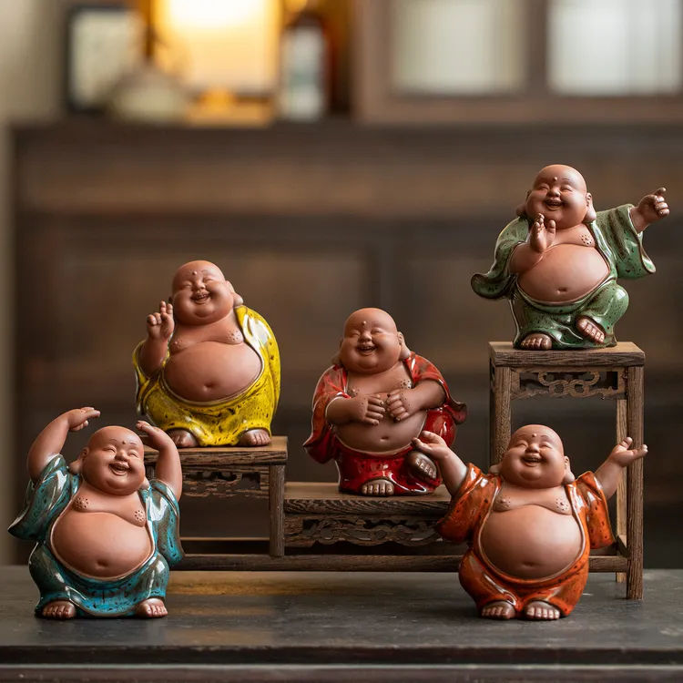 达人专属创意陶瓷五福弥勒摆件精品个性茶玩茶桌配件禅意茶空间装饰品