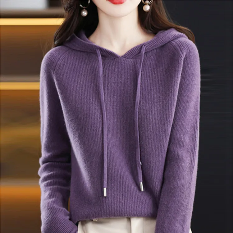 鄂尔多斯市100%纯羊毛衫女宽松外穿帽衫秋冬内搭显瘦内搭打底毛衣