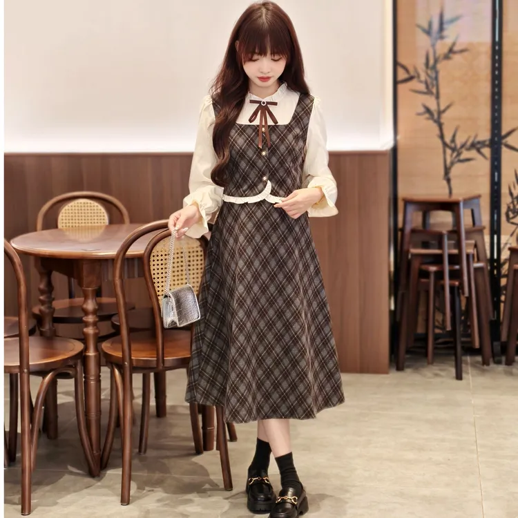 西米家【苏黎落叶】小个子棕色格子假两件连衣裙女秋秋冬长款裙子