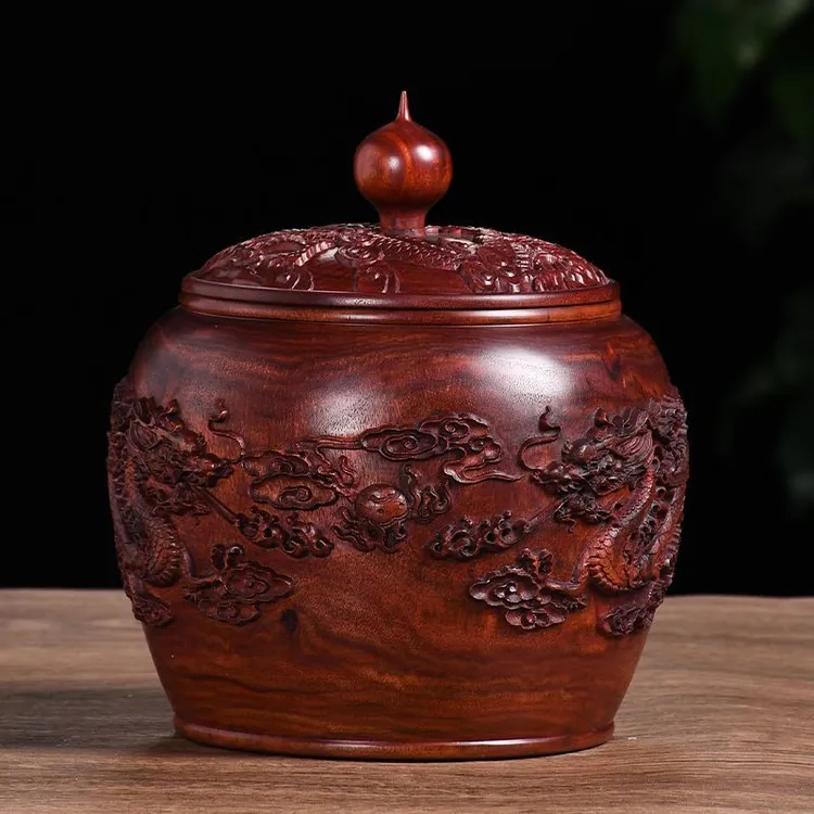 小叶紫檀茶叶罐实木整料雕刻中式复古茶叶密封储存收纳木质茶叶盒