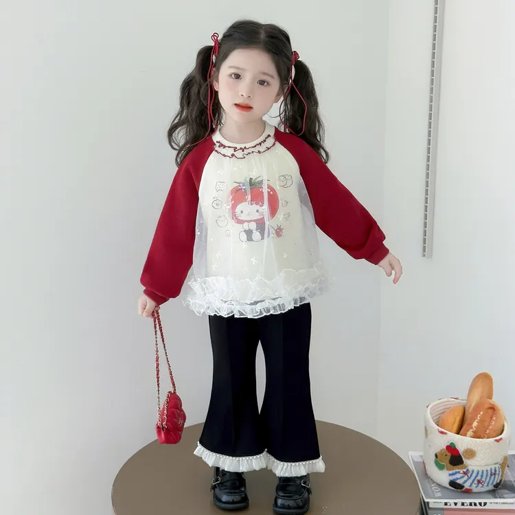 女童卡通洋气套装春秋季2025新款女宝宝喇叭裤秋装儿童甜美两件套