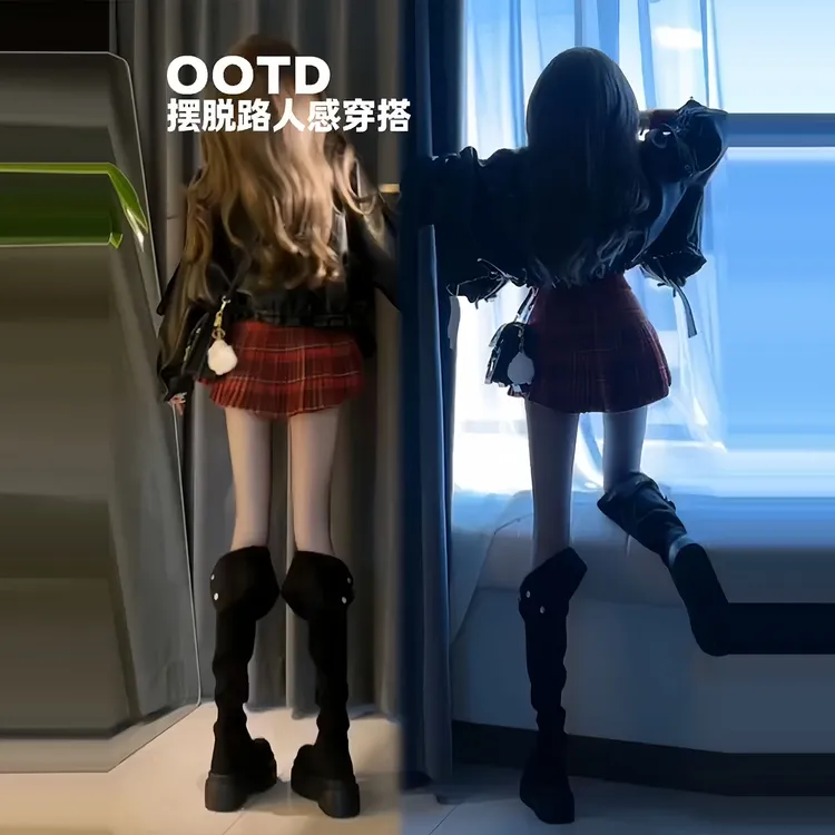 复古机车印花高腰水洗皮衣外套女秋季小香风针织衫+百褶裙三件套