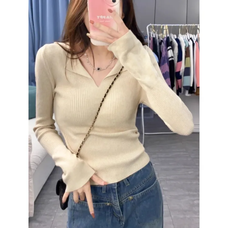 法式Polo领长袖针织衫女秋装设计感纯欲毛衣打底衫欧货上衣ins潮