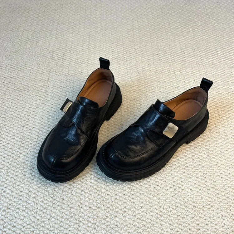 羊皮版！真皮厚底乐福鞋女英伦风一脚蹬单鞋魔术贴粗跟棕色小皮鞋