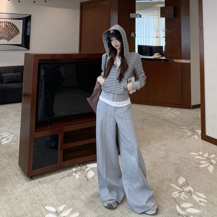 韩版慵懒风连帽条纹长袖卫衣外套女秋季新款宽松休闲裤长裤两件套