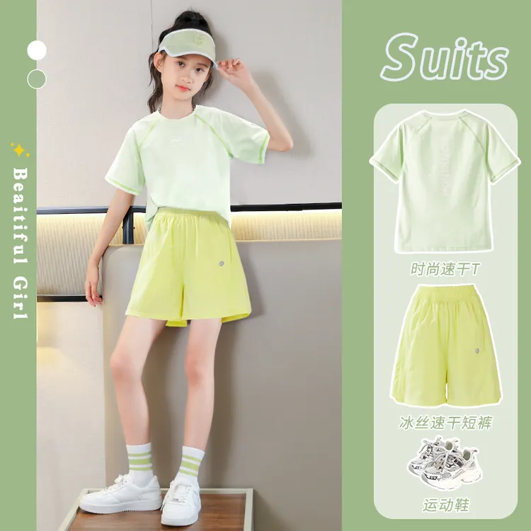 女童速干衣短袖夏装儿童运动套装冰丝短裤女大童透气羽毛球训练服