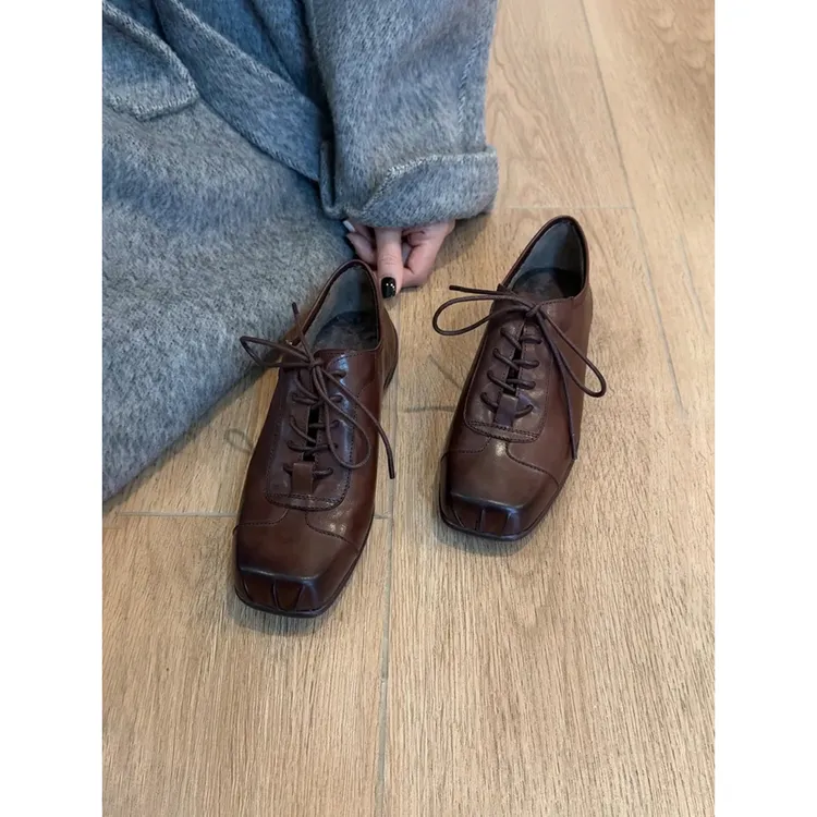 羊皮版~复古文艺方头系带小皮鞋女黑色厚底运动单鞋英伦风乐福鞋