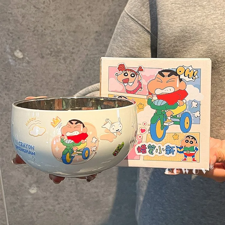 蜡笔小新联名不锈钢饭碗双层耐摔高颜值儿童餐具汤碗家用生日礼物