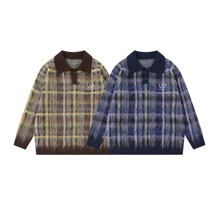 邦欧罗复古撞色格纹针织衫小众设计感秋冬新款学院风情侣开衫毛衣