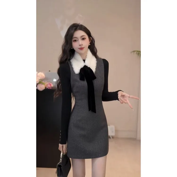 YUANLIANSU/圆脸酥【凛冬恋歌】法式打底衫+可拆卸毛领+背心裙套装