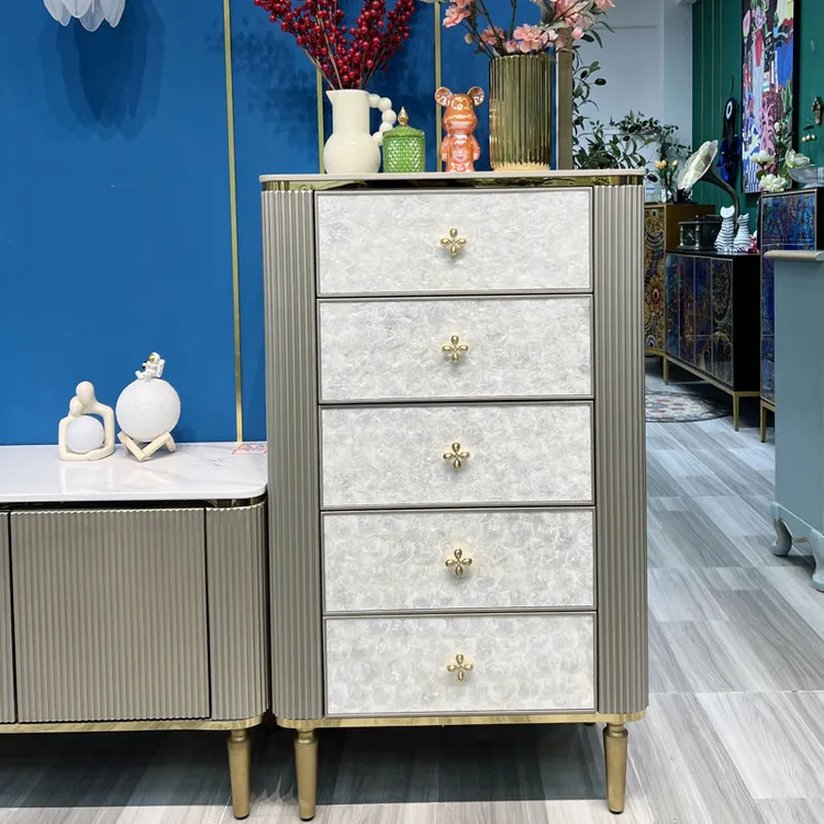 美式贝壳实木轻奢五斗柜亮光岩面板客厅香槟金轻奢柜实木五斗柜