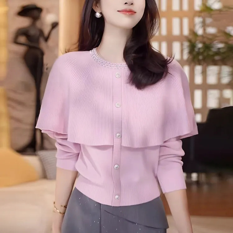 2025秋冬新款女粉色假两件毛衣慵懒高级感减龄显瘦斗篷针织衫上衣