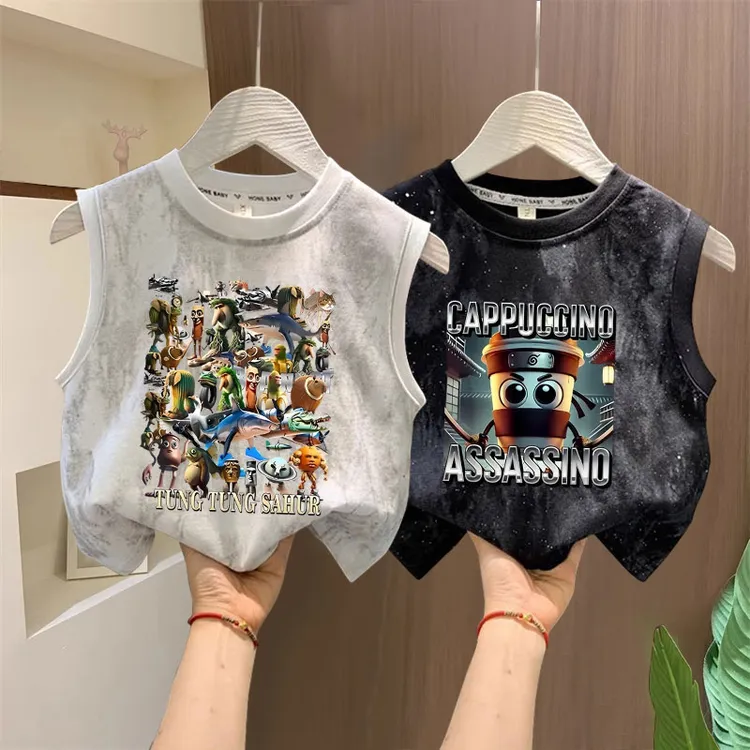 山海经夏季衣服无袖通通木棍抽象上衣男童背心扎染纯棉女儿童T恤