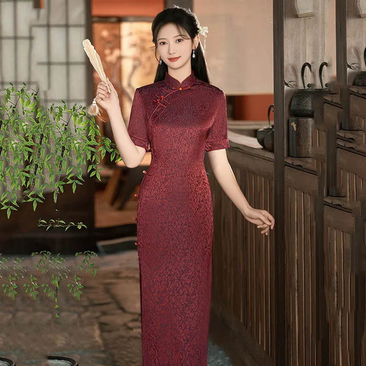 新中式连衣裙女装立领古法长款旗袍中国风日常气质斜襟晚礼服女款