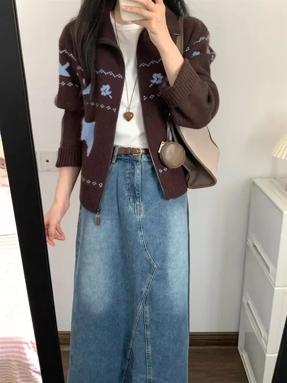 费尔岛翻领毛衣外套女2025早秋季慵懒风宽松提花咖色上衣针织开衫
