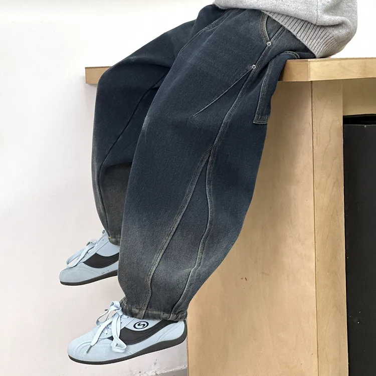 男童加绒牛仔裤弯刀牛仔裤冬季长裤休闲裤韩版男男童潮流牛仔裤潮