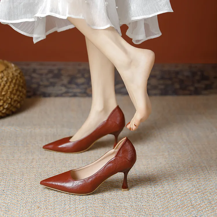 羊皮版-软皮法式复古高跟鞋女新款浅口气质细跟百搭尖头单鞋女鞋
