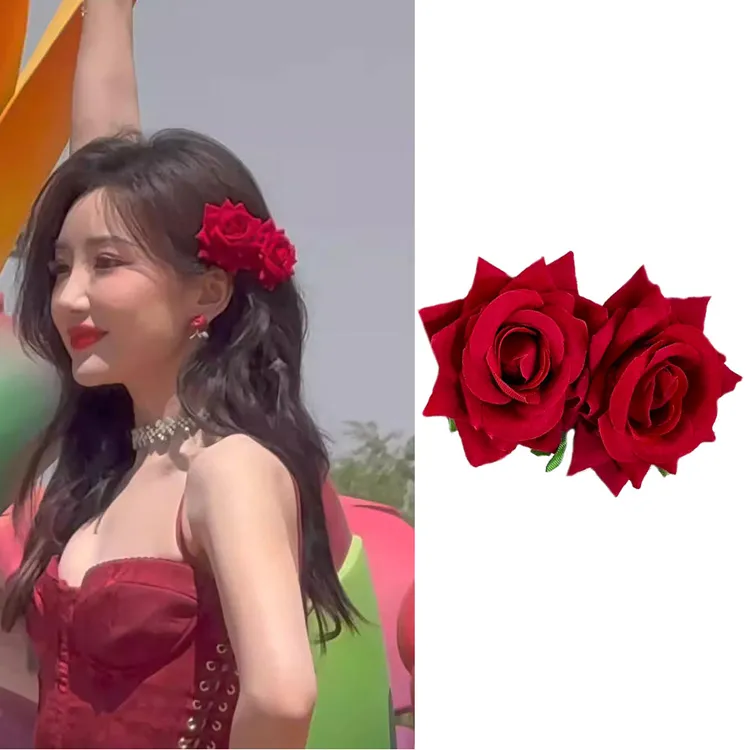 毛晓彤同款明媚红色玫瑰花朵发夹发饰跳舞蹈头花侧边夹发卡子饰品
