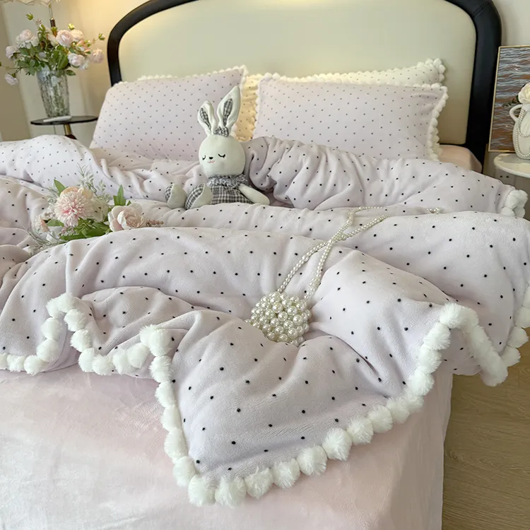 韩版少女心毛球牛奶绒四件套冬季加厚保暖被套女孩床上用品床笠款