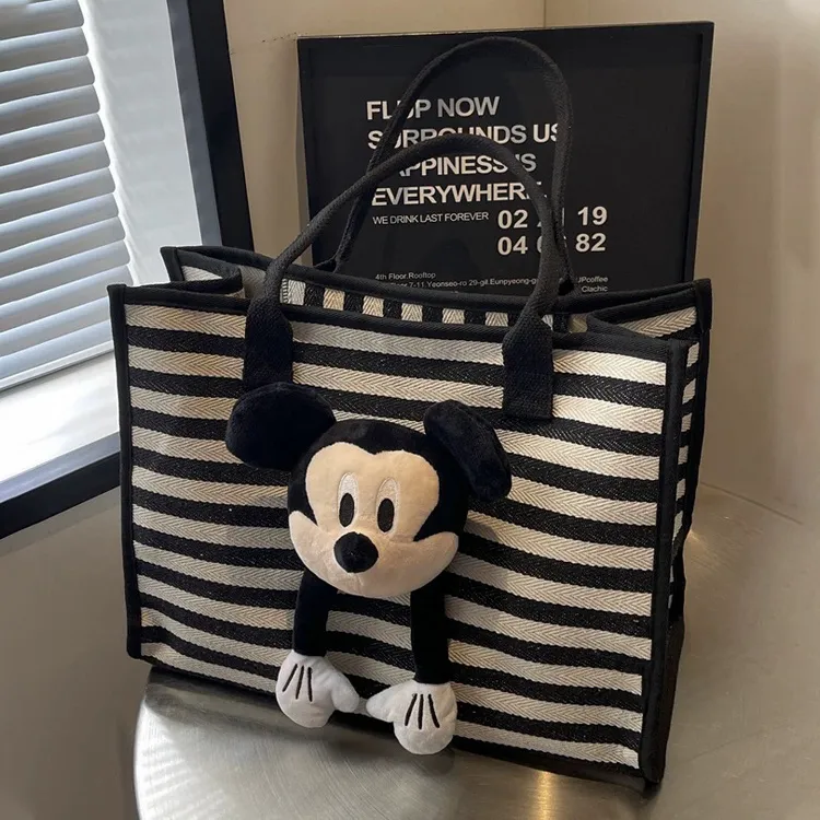 大容量条纹托特女士单肩2025新款时尚可爱卡通米奇通勤帆布包HR